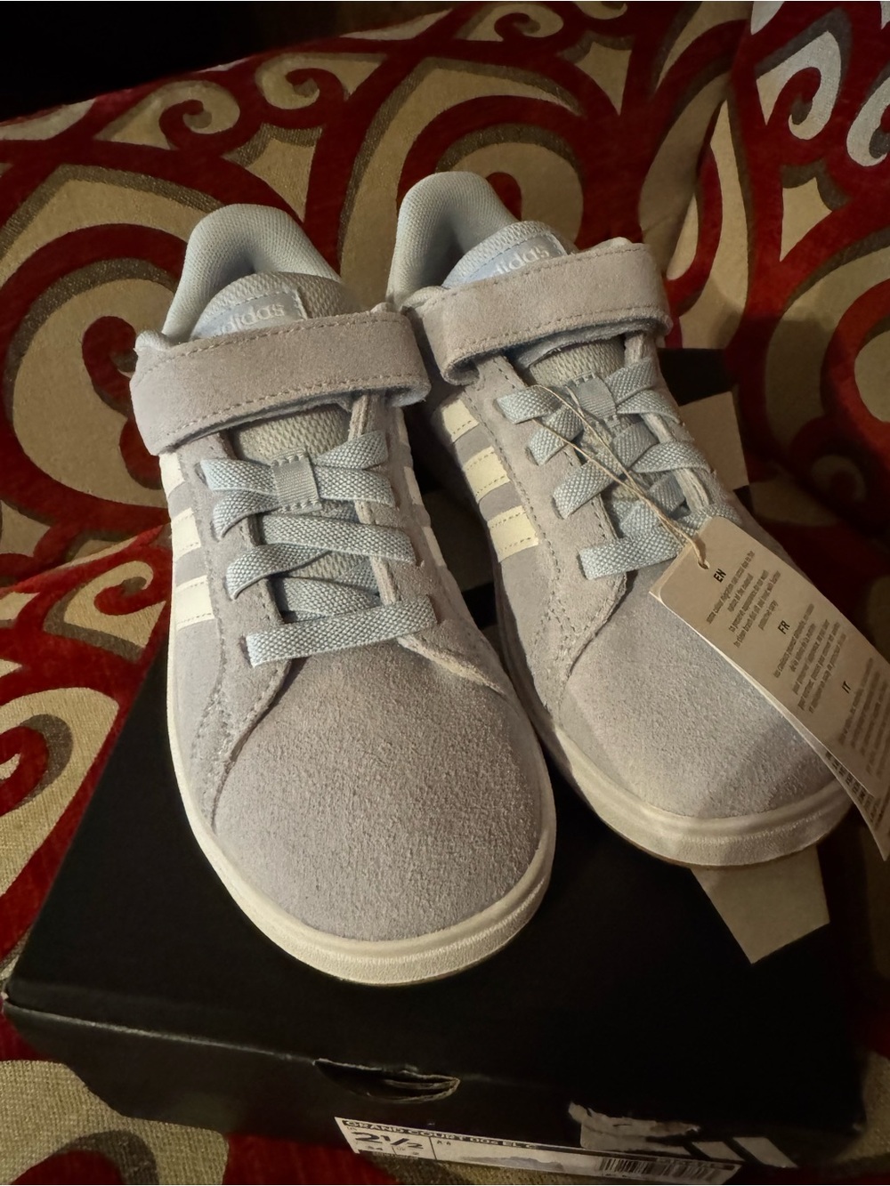 adidas Kids Light Gray Suede Velcro Sneakers with White Stripes
